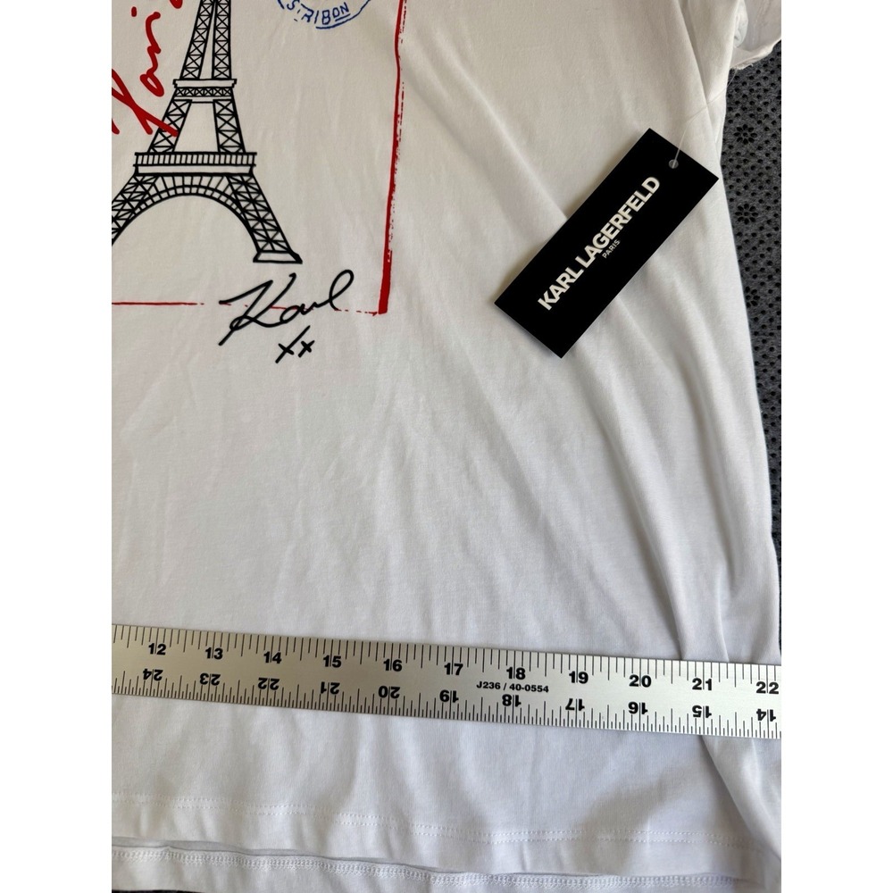 KARL LAGERFELD Womens Blouse XL Love From Paris White Crew Neck Short Sleeve NWT - Picture 7 of 10